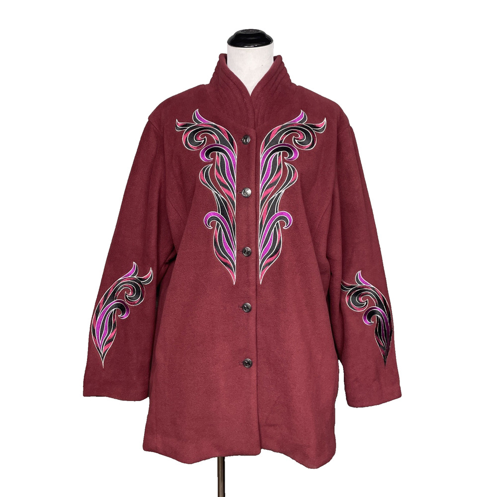 Bob Mackie Wearable Art Women L Burgundy Embroidered Fleece Jacket Coat Abstract
